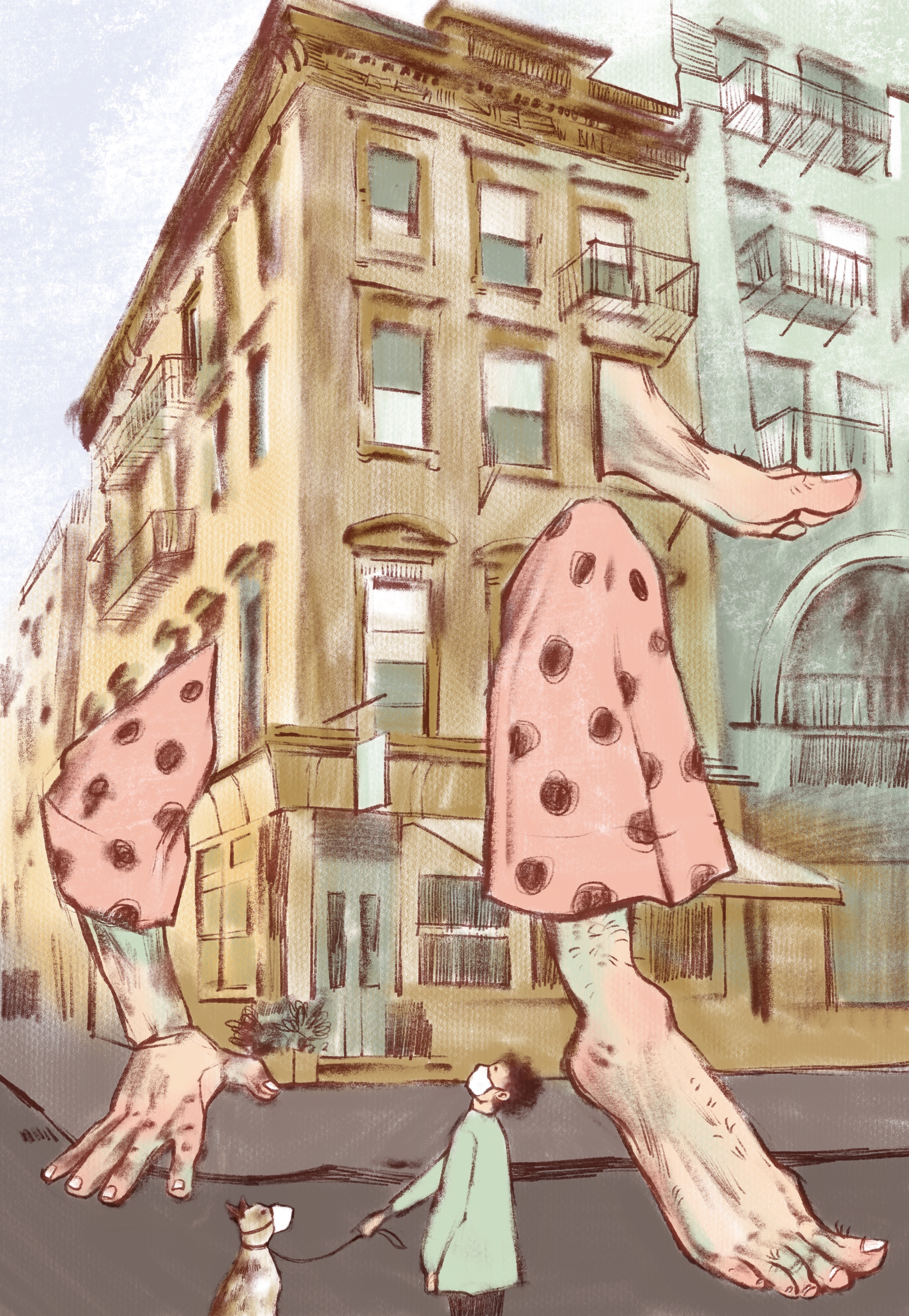 Giant feet and hands coming out of apartment windows